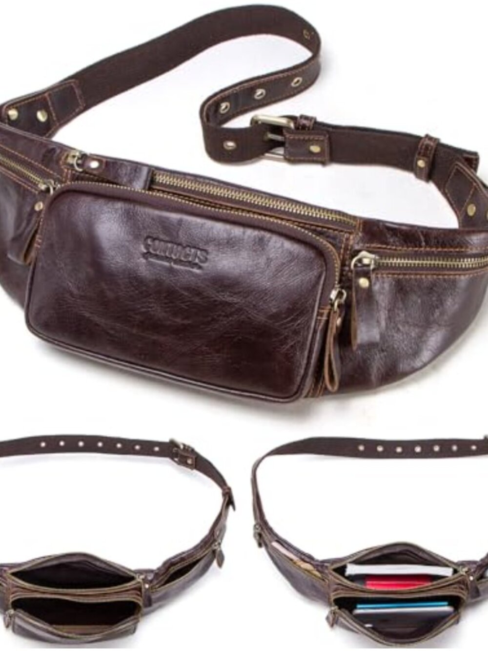 Genuine Top Grain Leather Waist Pack - Vintage Chunky Belt Bag with 4 Zipper